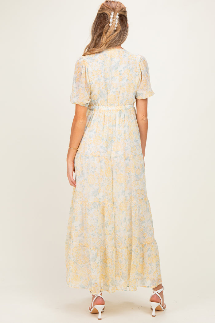 Daffodil Floral Button Down Front Tie Maternity Maxi Dress