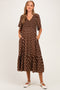 Brown White Polka Dot Smocked Bodice Flutter Sleeve Maternity Midi Dress