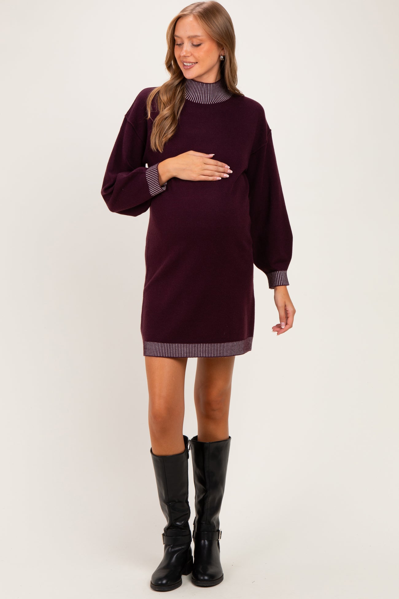 Plum Contrast Mock Neck Maternity Sweater Dress