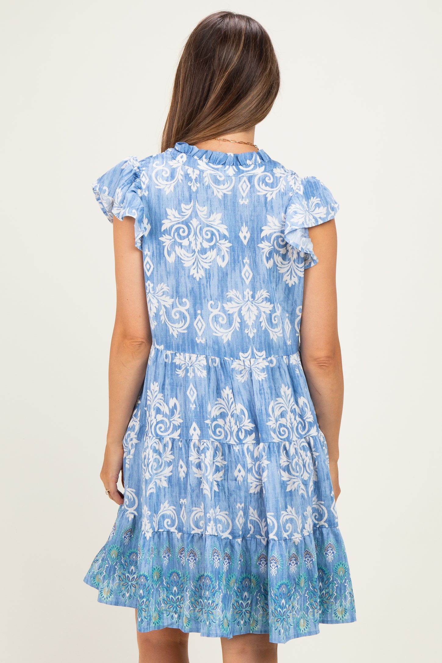 Denim Blue V Neck Flutter Sleeve Border Print Mini Tiered Maternity Dress