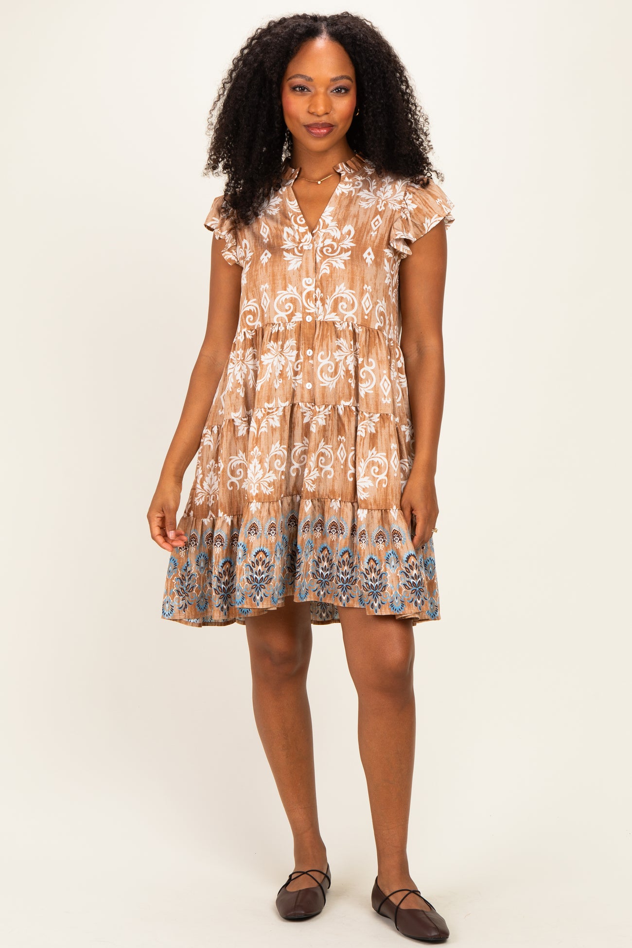 Mocha V Neck Flutter Sleeve Border Print Mini Tiered Maternity Dress