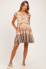 Mocha V Neck Flutter Sleeve Border Print Mini Tiered Maternity Dress