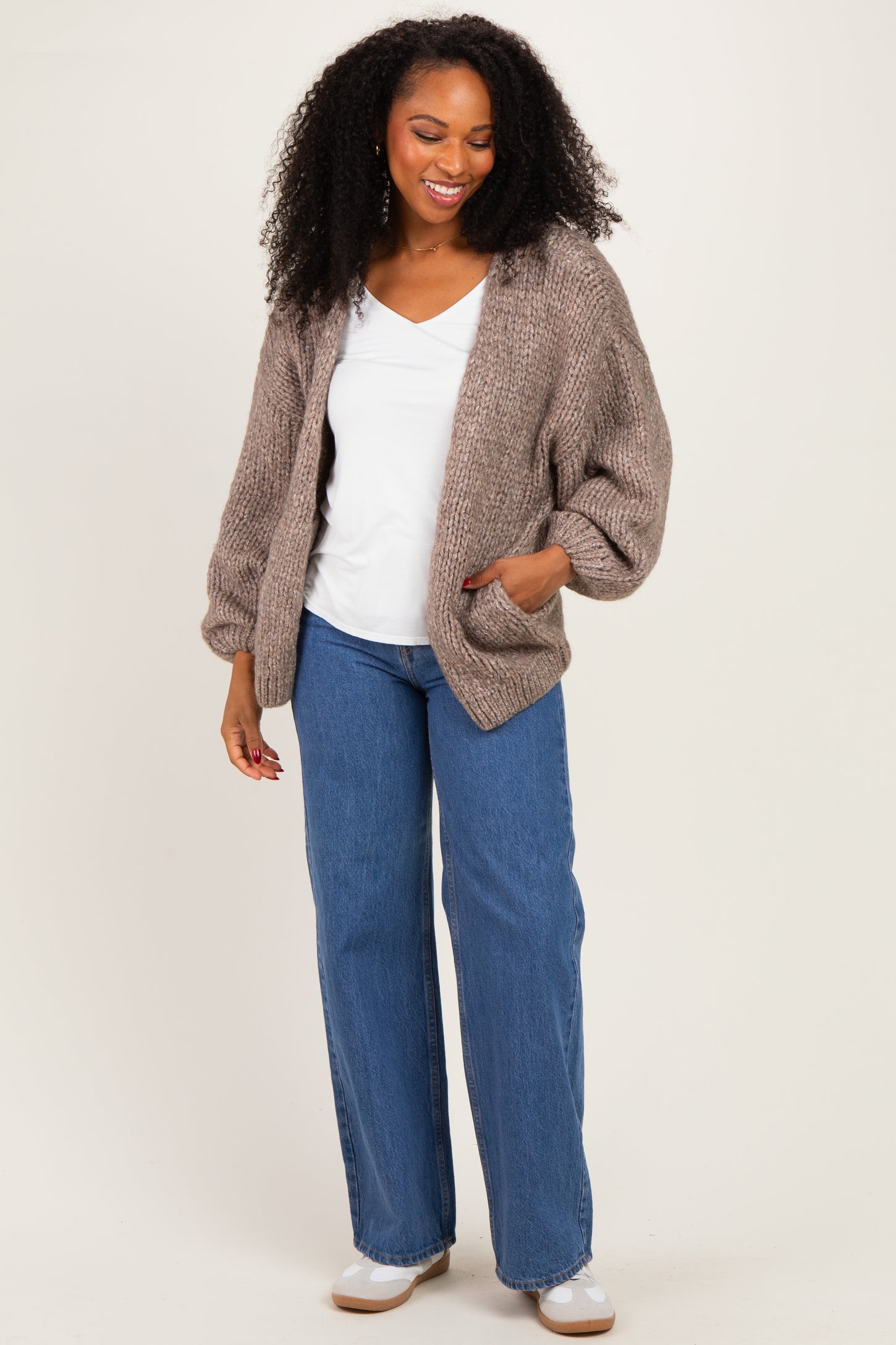 Mocha Chunky Knit Bubble Sleeve Cardigan