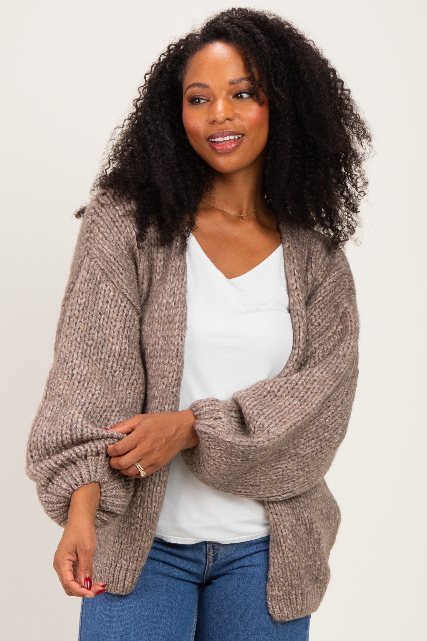 Mocha Chunky Knit Bubble Sleeve Cardigan