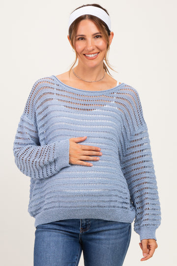 Dusk Blue Open Knit Striped Maternity Sweater Top