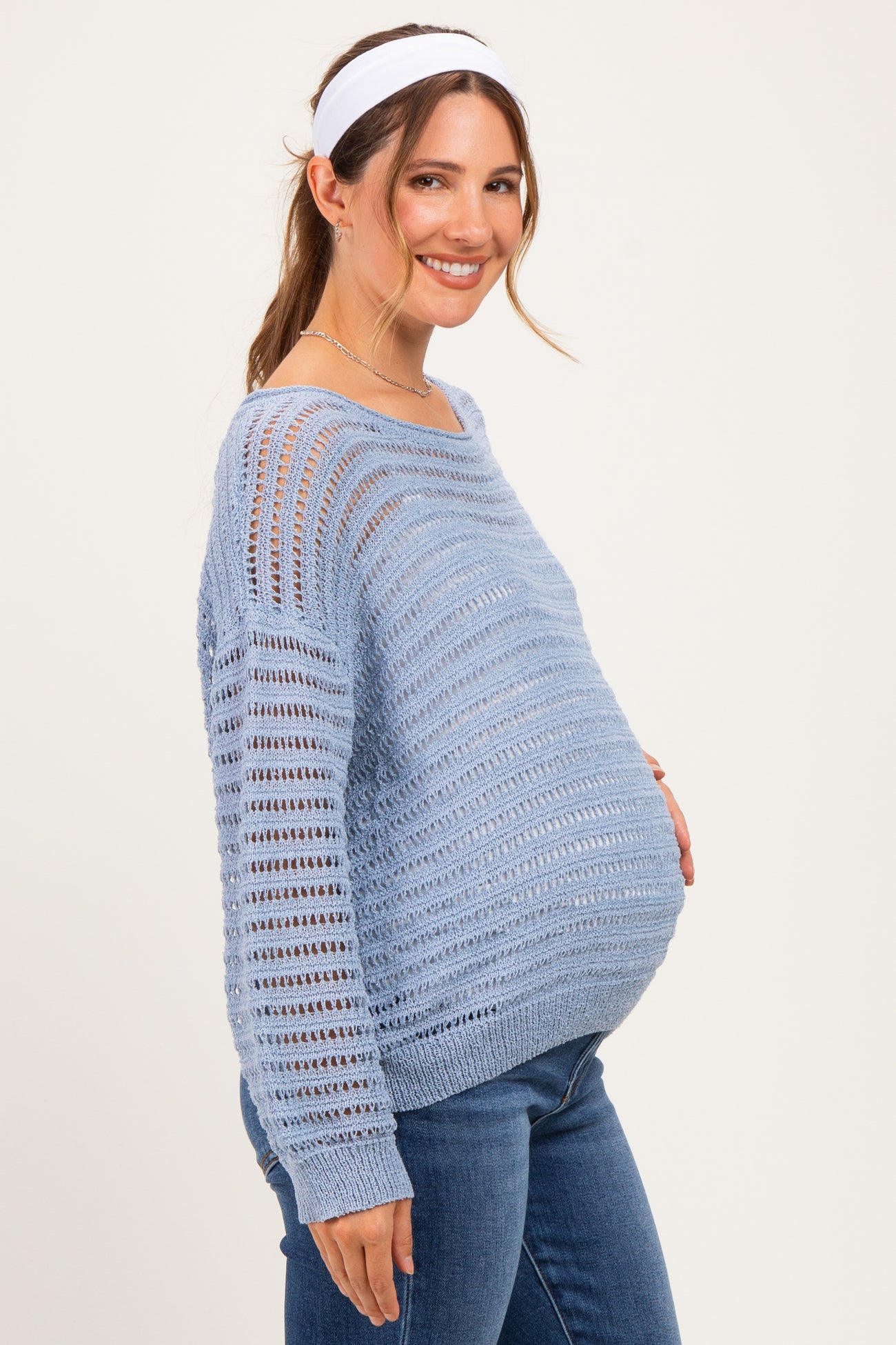 Dusk Blue Open Knit Striped Maternity Sweater Top