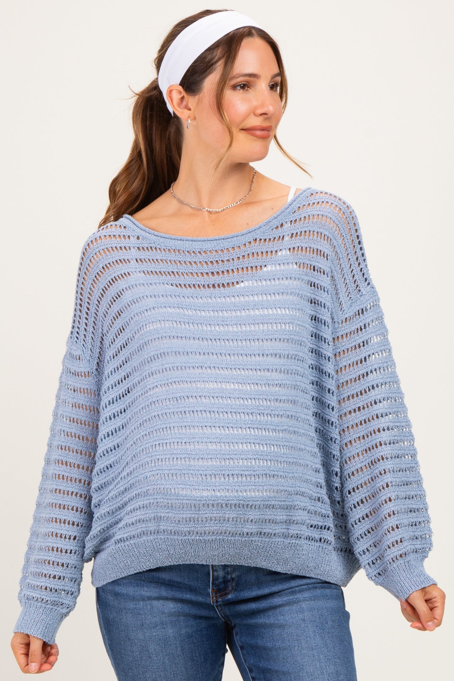Dusk Blue Open Knit Striped Maternity Sweater Top
