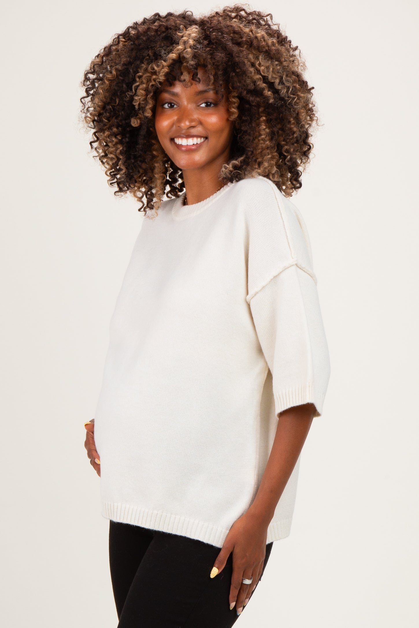 Ivory Basic Maternity Short Sleeve Sweater Top