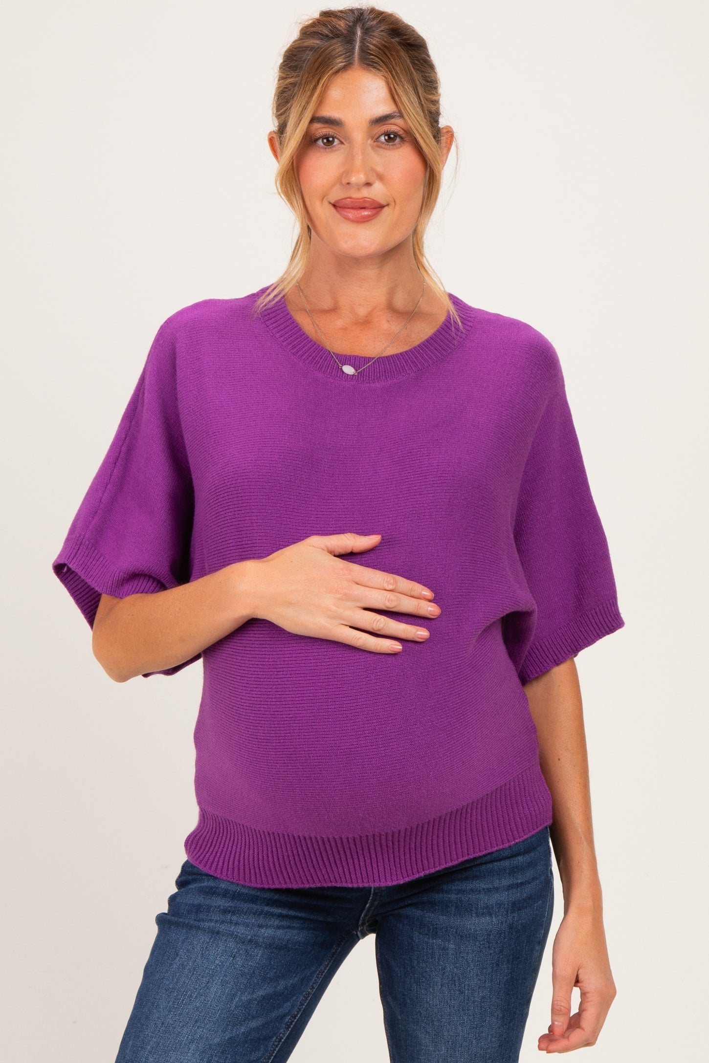 Purple Oversized Maternity Short Sleeve Sweater Top