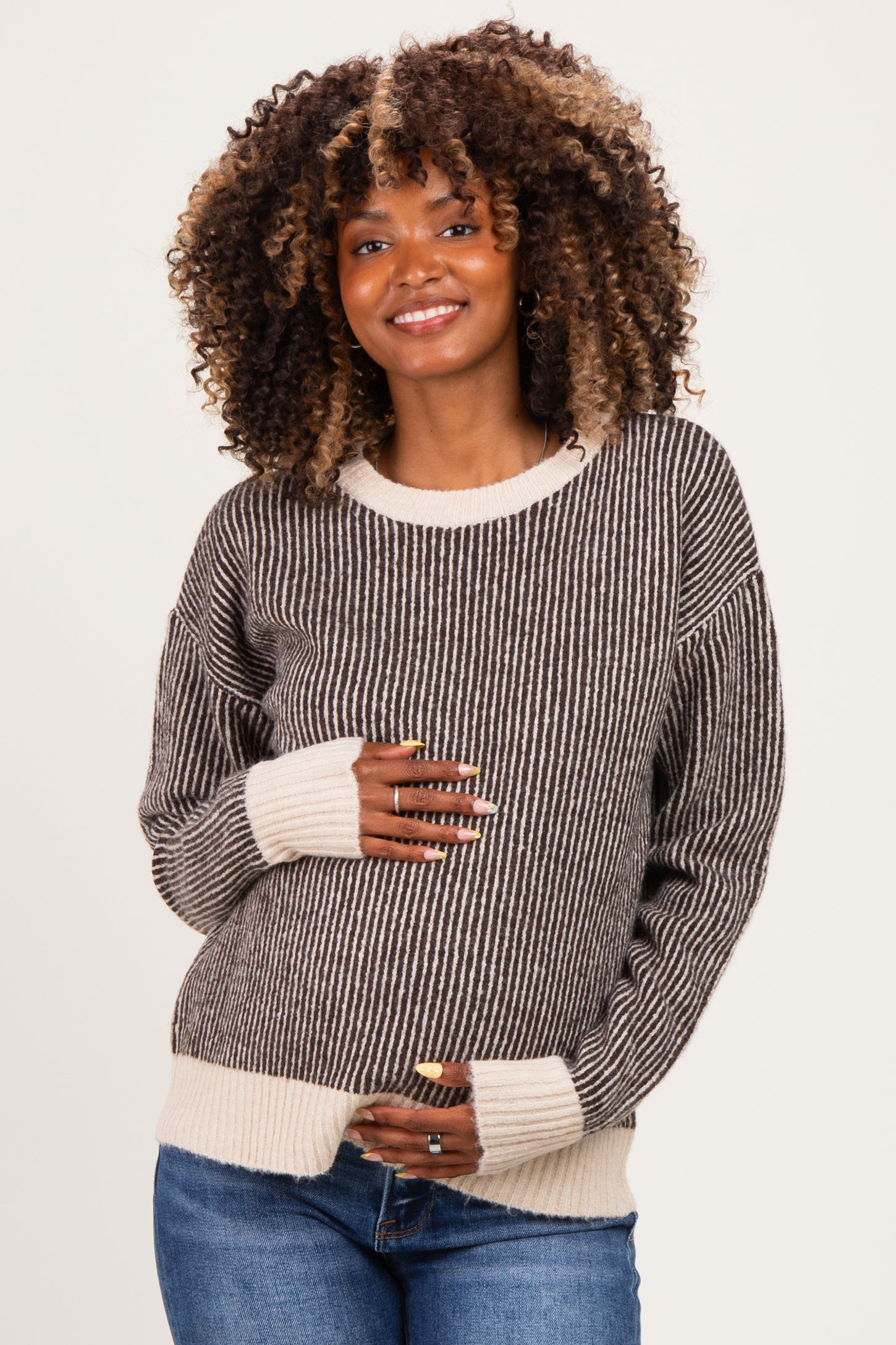 Chocolate Two Tone Ribbed Maternity Sweater