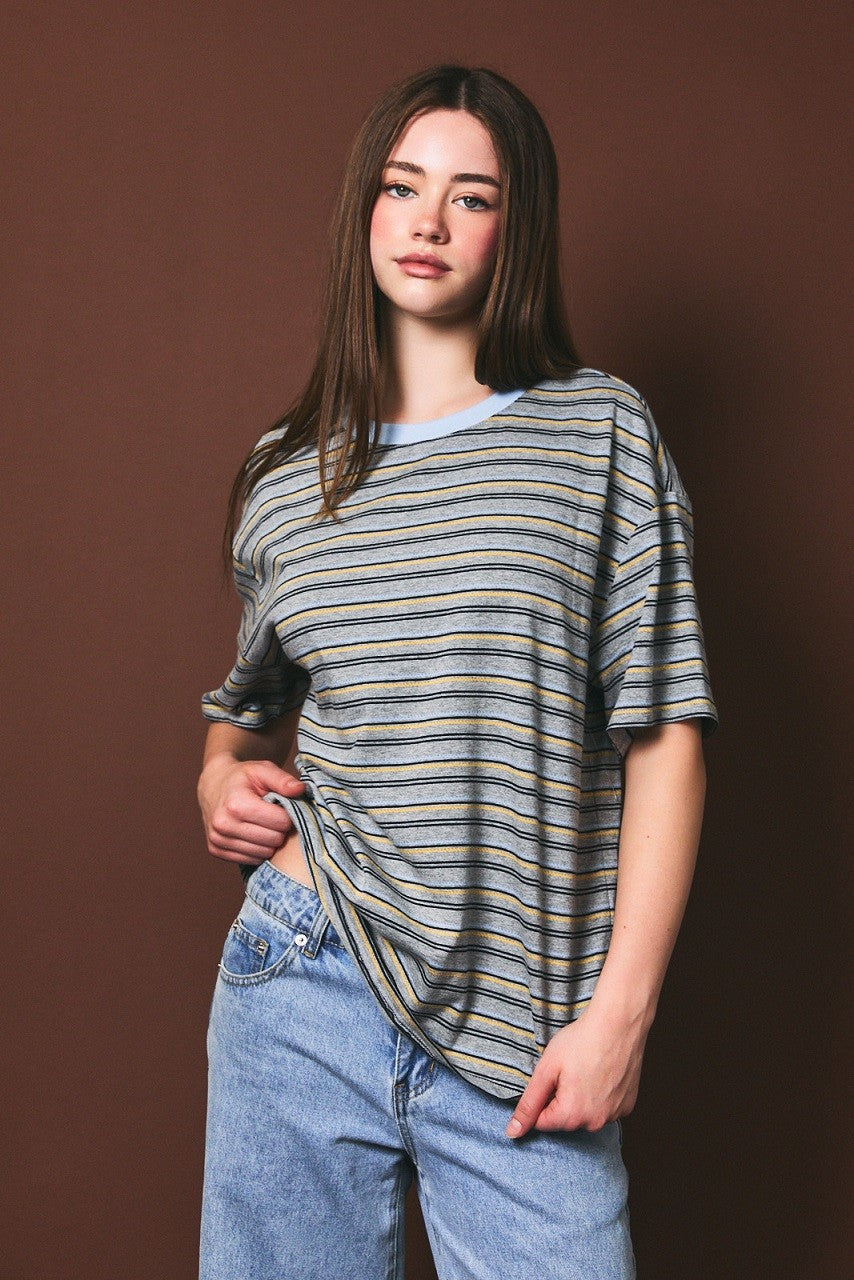 Heather Grey Multi Striped Oversized Maternity Short Sleeve Tee
