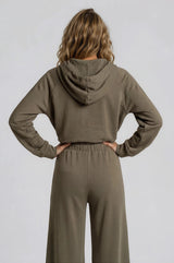 Olive V-Neck Long Sleeve Drawstring Hoodie