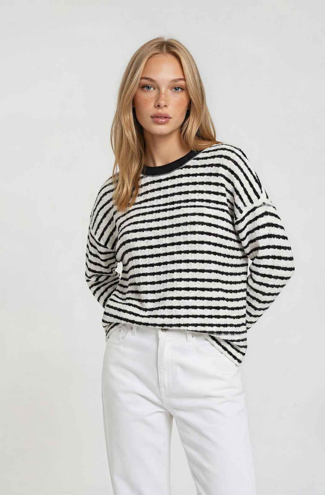 White Striped Knit Long Sleeve Top