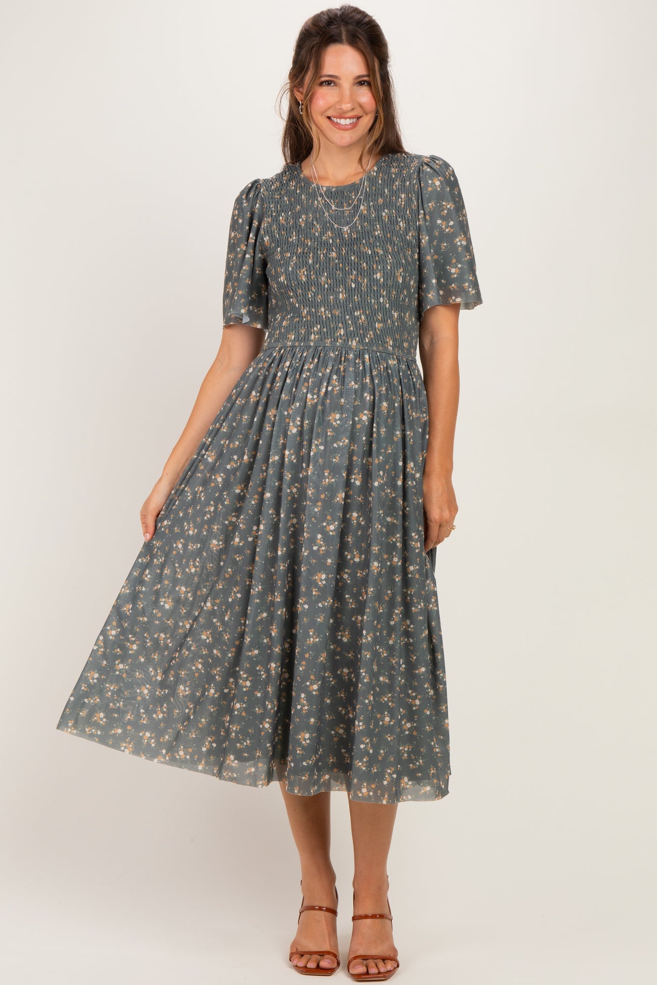 Olive Smocked Bodice Floral Maternity Dress