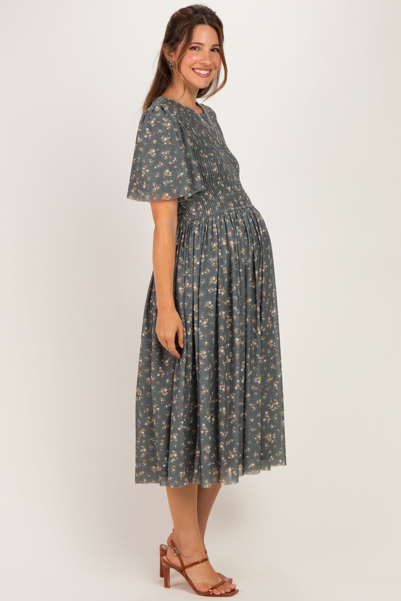 Olive Smocked Bodice Floral Maternity Dress