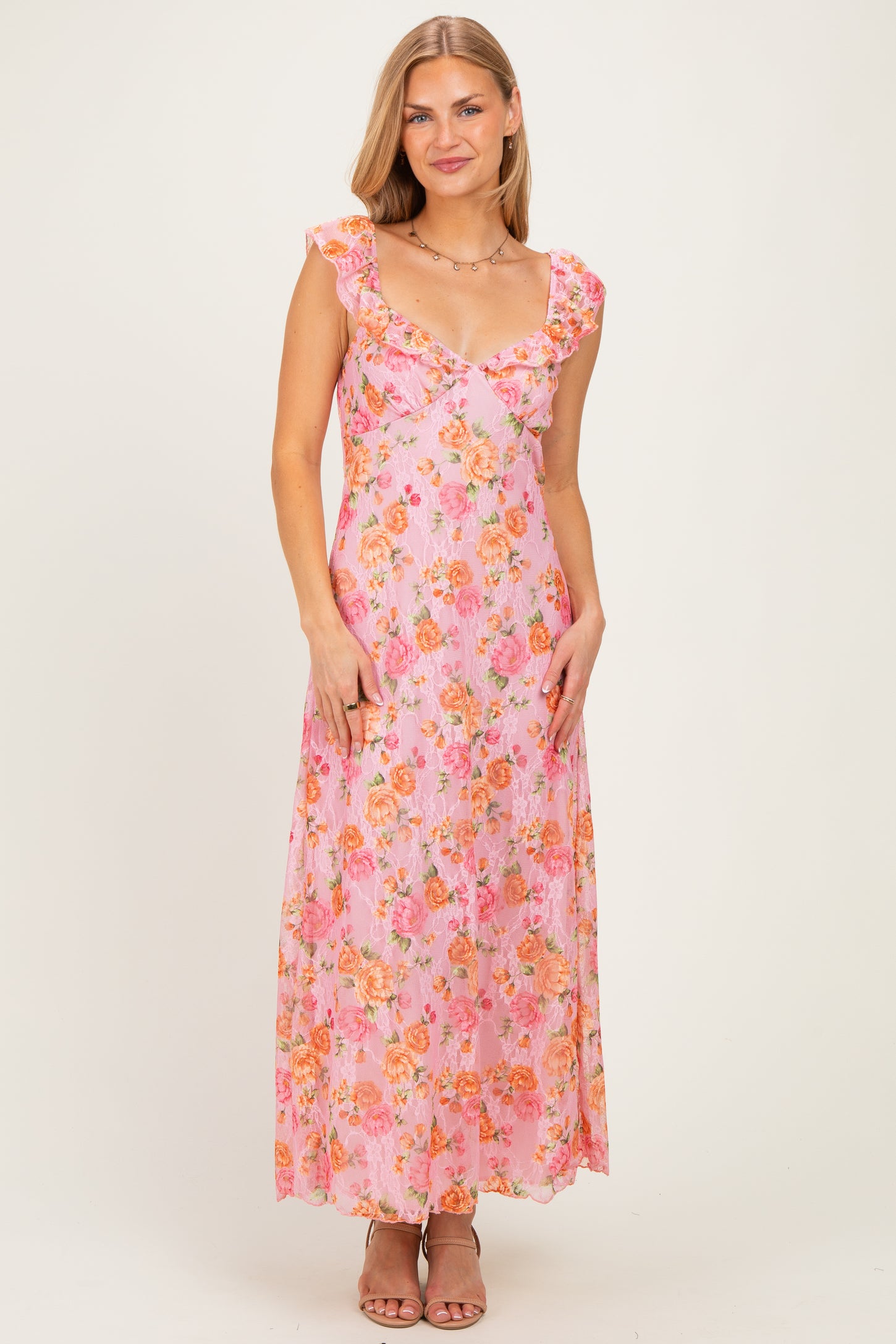 Pink Floral Sleeveless Maternity Maxi Dress