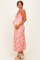 Pink Floral Sleeveless Maternity Maxi Dress
