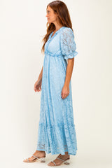 Blue Floral Lace V-Neck Maxi Dress