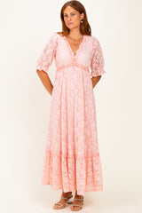 Light Pink Floral Lace V-Neck Maternity Maxi Dress