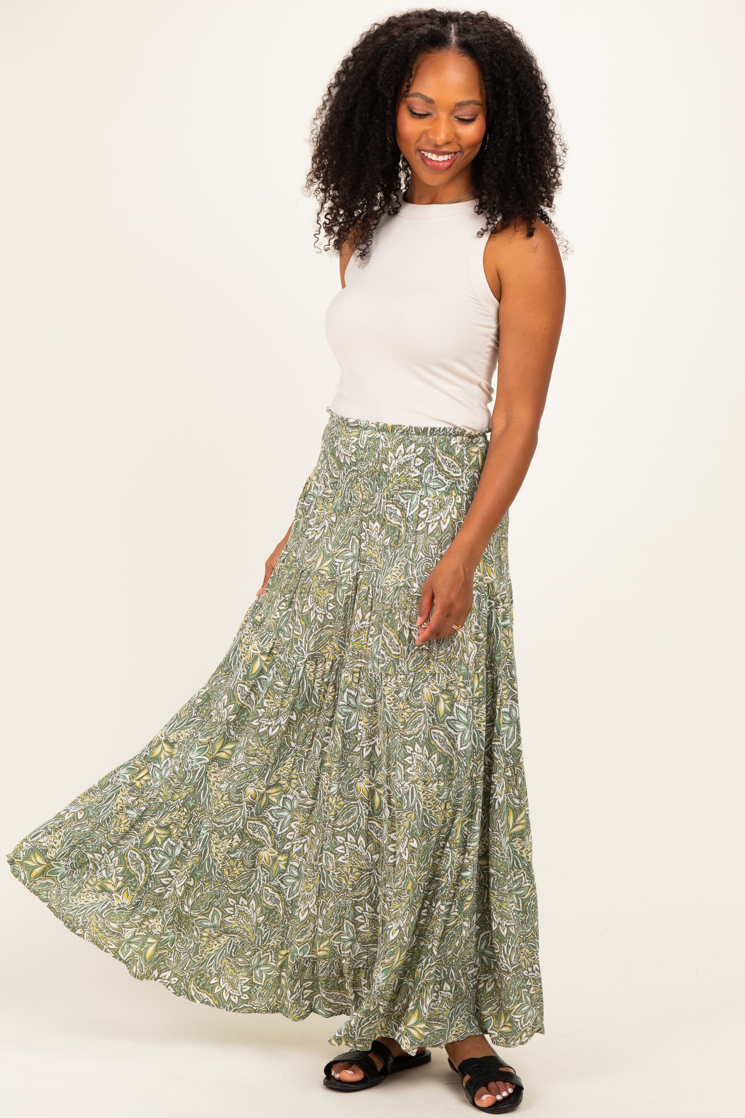 Olive Floral Tiered Smocked Waist Maternity Maxi Skirt