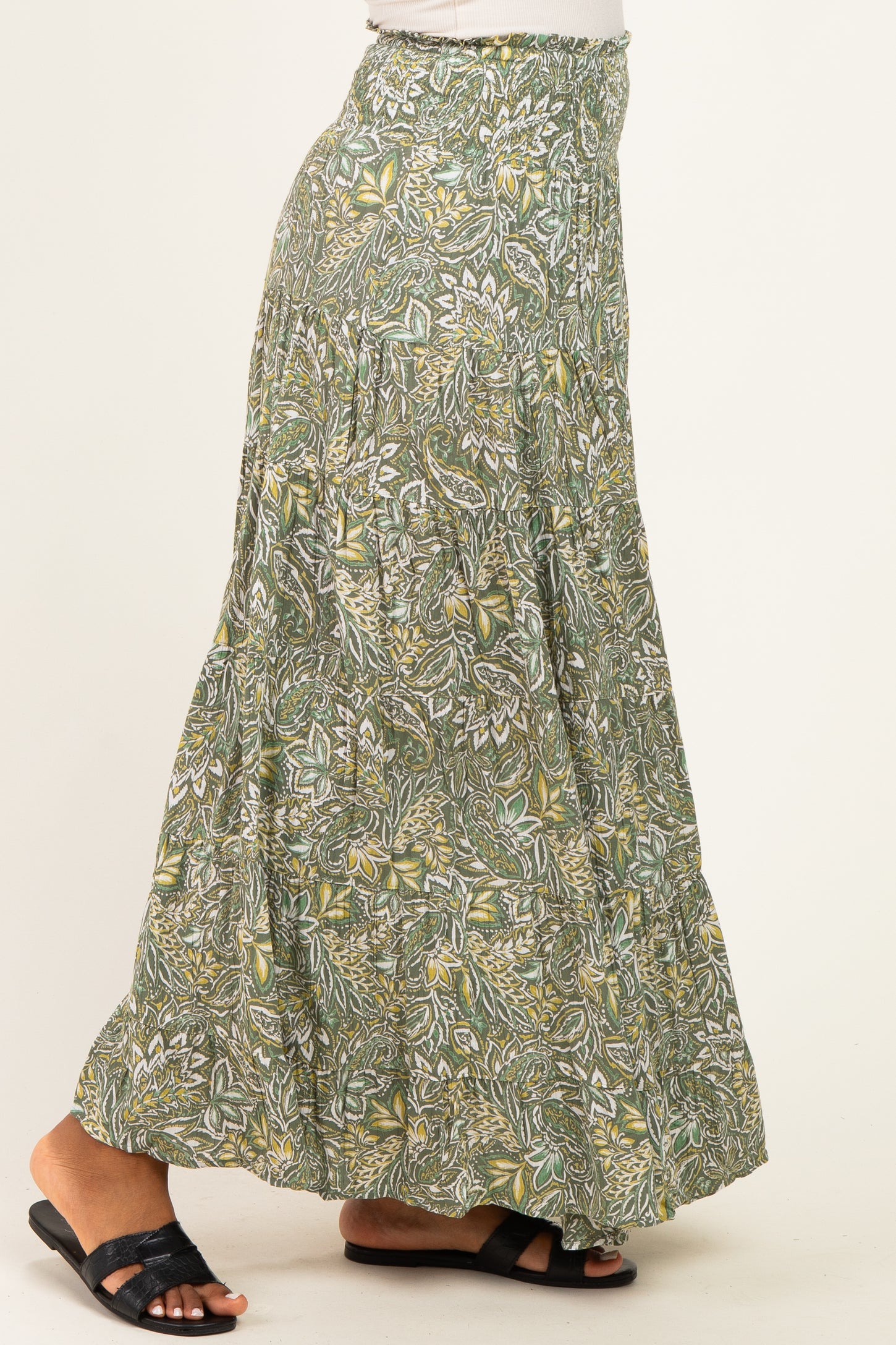 Olive Floral Tiered Smocked Waist Maxi Skirt