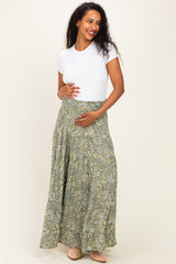 Olive Floral Tiered Smocked Waist Maternity Maxi Skirt