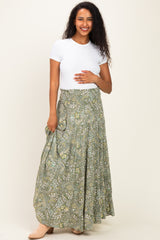 Olive Floral Tiered Smocked Waist Maternity Maxi Skirt