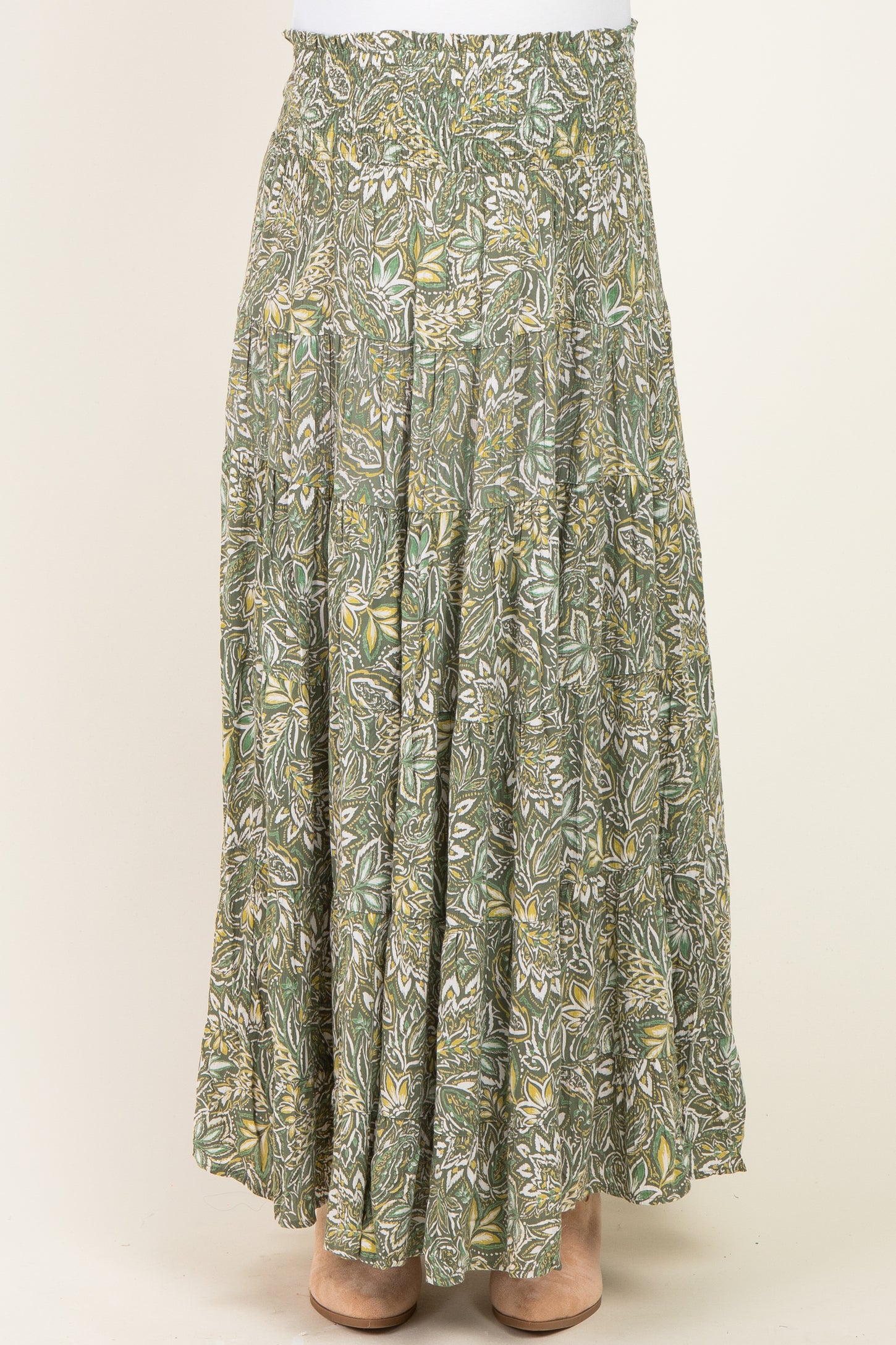 Olive Floral Tiered Smocked Waist Maternity Maxi Skirt