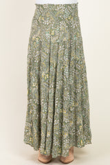 Olive Floral Tiered Smocked Waist Maternity Maxi Skirt