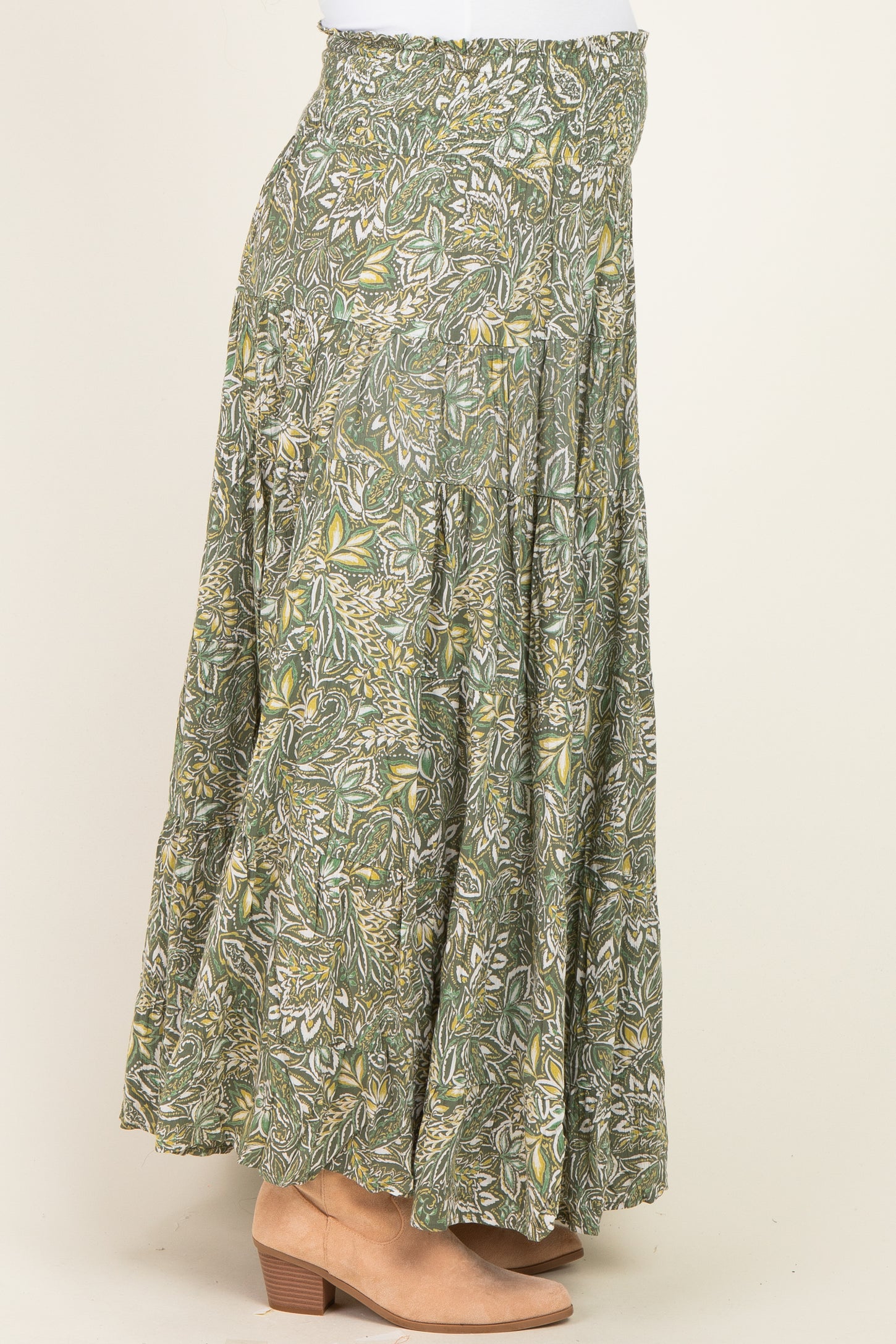 Olive Floral Tiered Smocked Waist Maternity Maxi Skirt