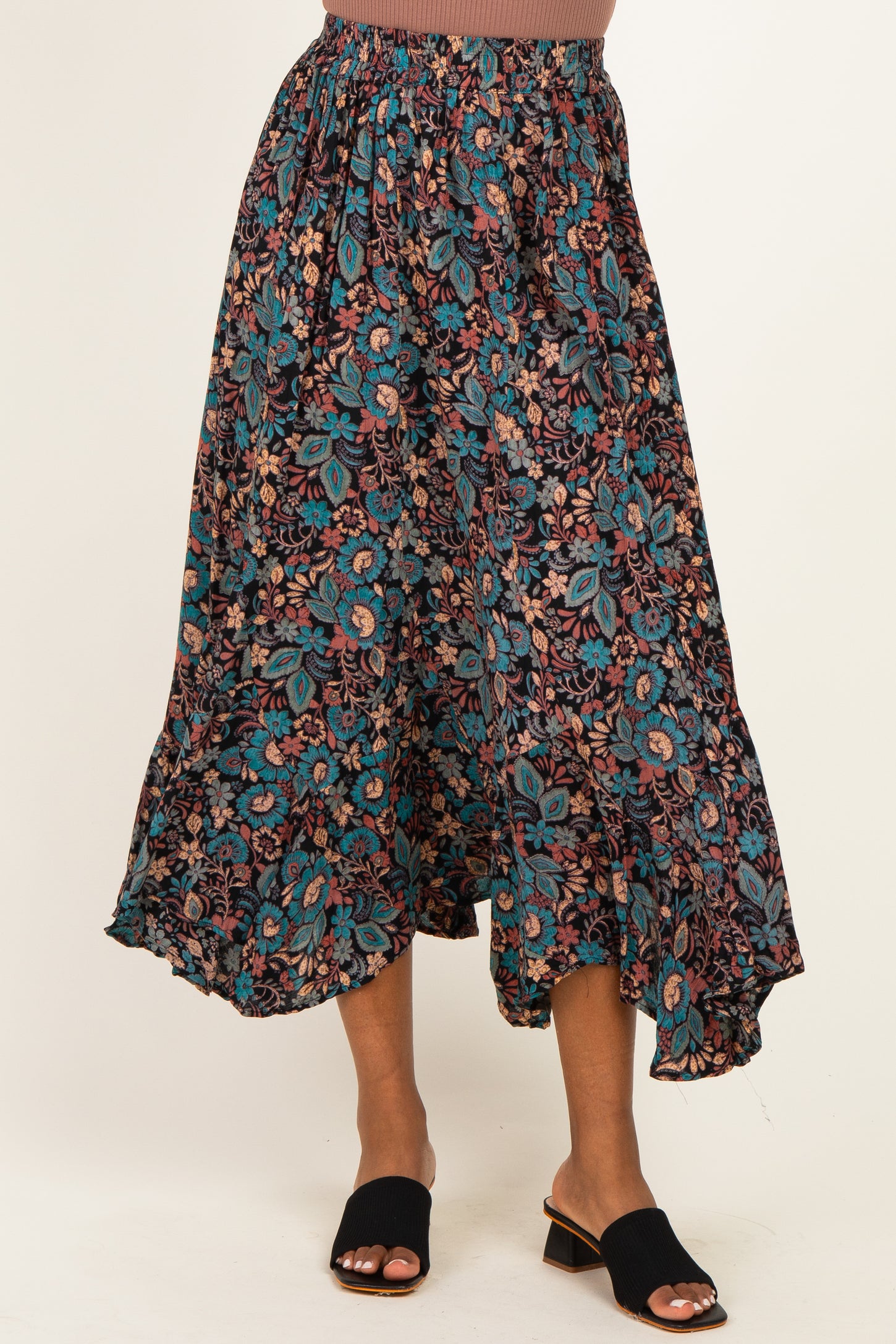 Black Floral Ruffle Hem Maxi Skirt