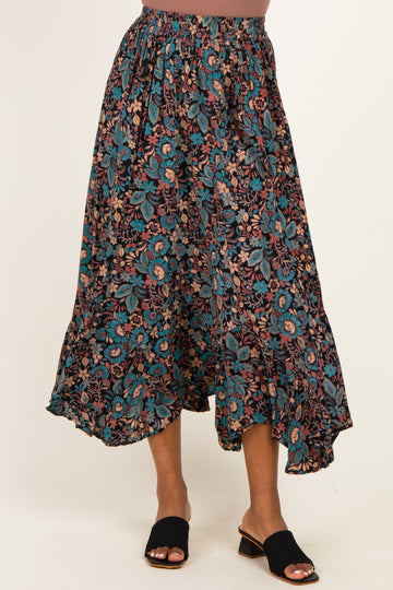 Black Floral Ruffle Hem Maxi Skirt