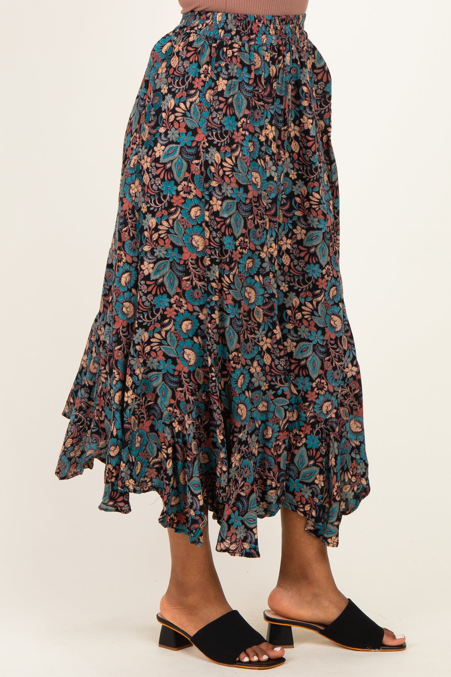 Black Floral Ruffle Hem Maxi Skirt
