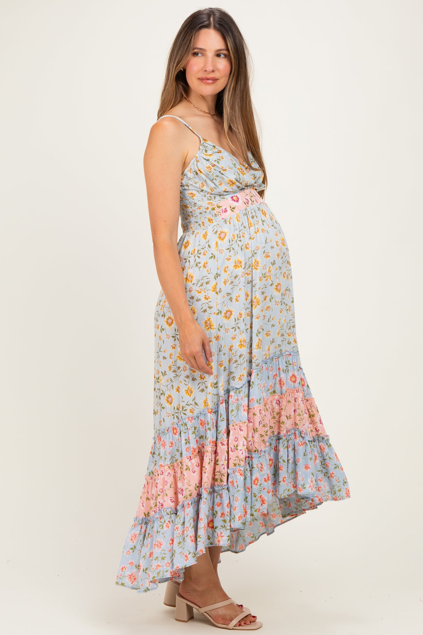 Multicolor Floral Colorblock Ruffle Tiered Maternity Midi Dress