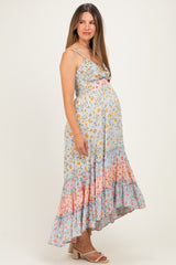 Multicolor Floral Colorblock Ruffle Tiered Maternity Midi Dress