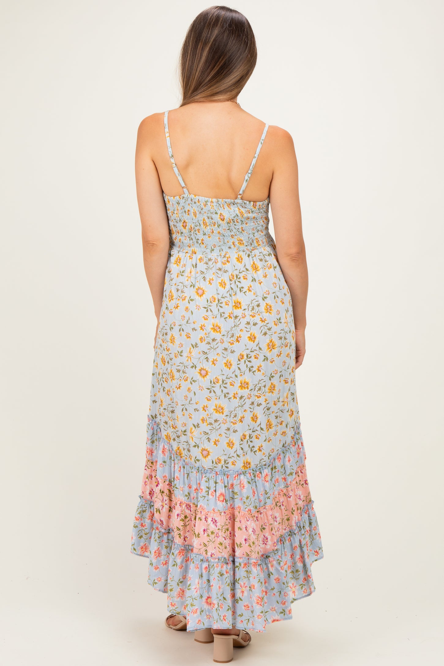 Multicolor Floral Colorblock Ruffle Tiered Maternity Midi Dress