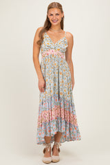 Multicolor Floral Colorblock Ruffle Tiered Maternity Midi Dress