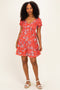 Red Floral Puff Sleeve Smocked Mini Dress