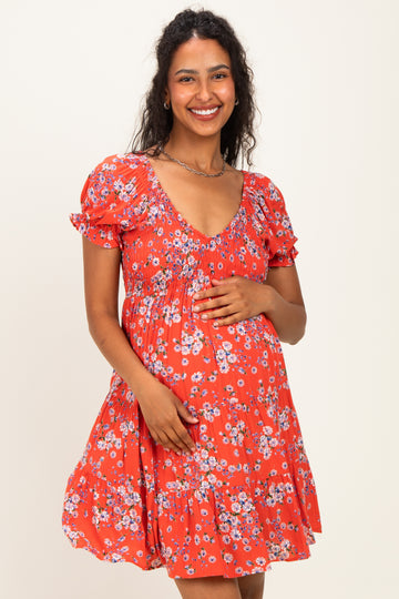 Red Floral Puff Sleeve Smocked Maternity Mini Dress
