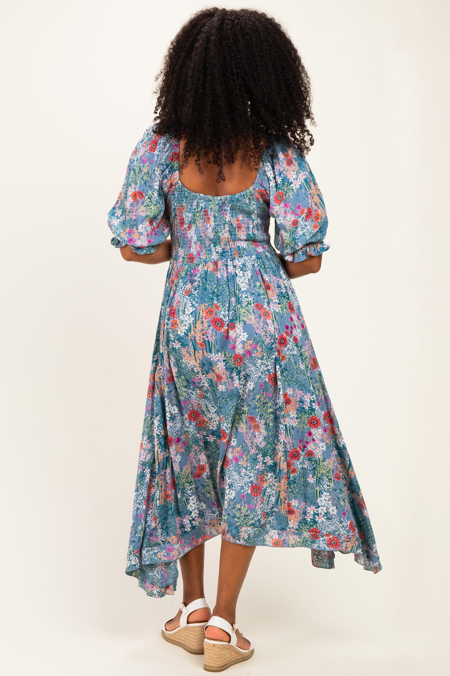 Sage Floral Smocked Handkerchief Hem Midi Dress