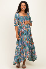 Sage Floral Smocked Handkerchief Hem Maternity Midi Dress