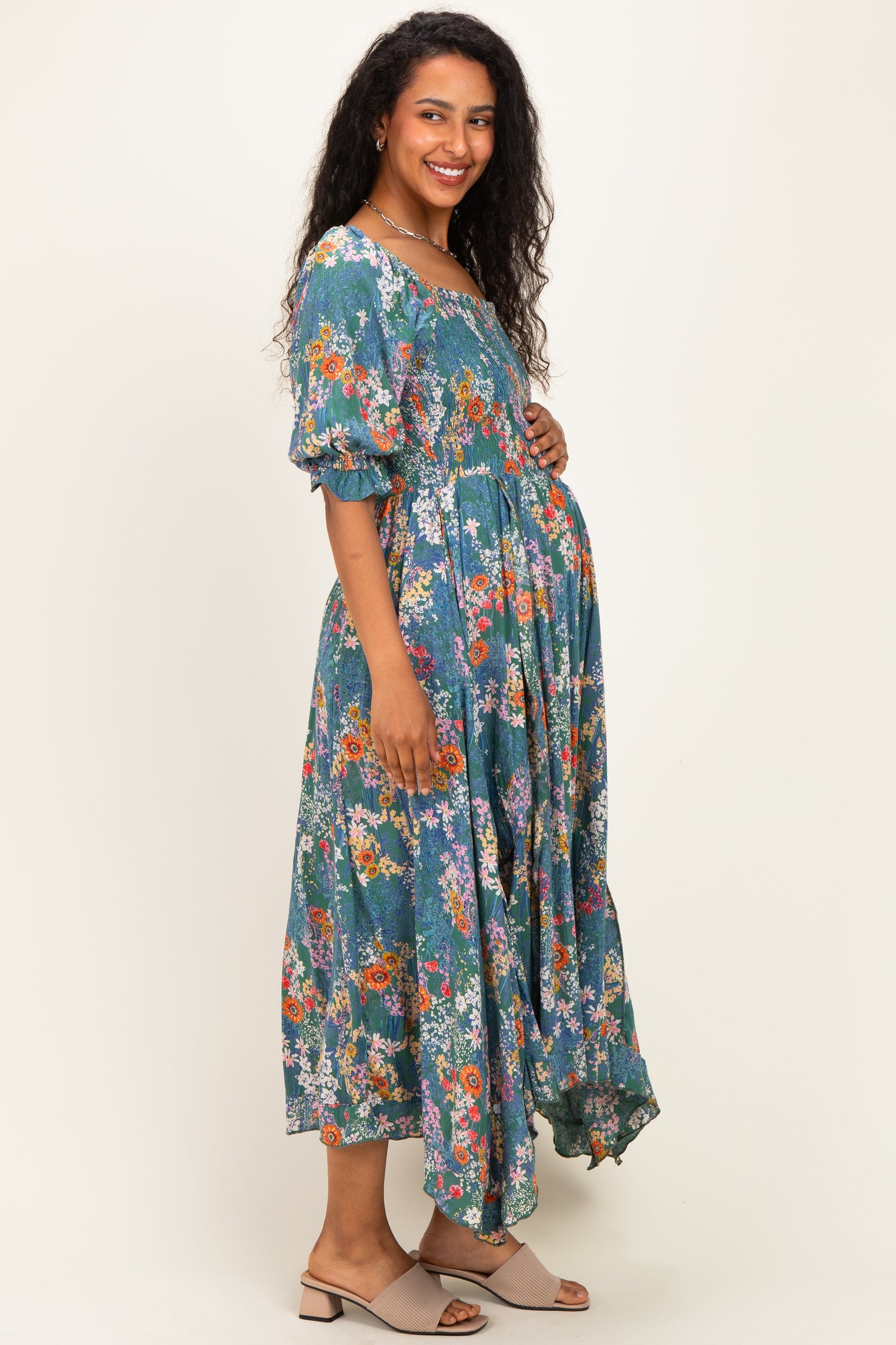 Sage Floral Smocked Handkerchief Hem Maternity Midi Dress