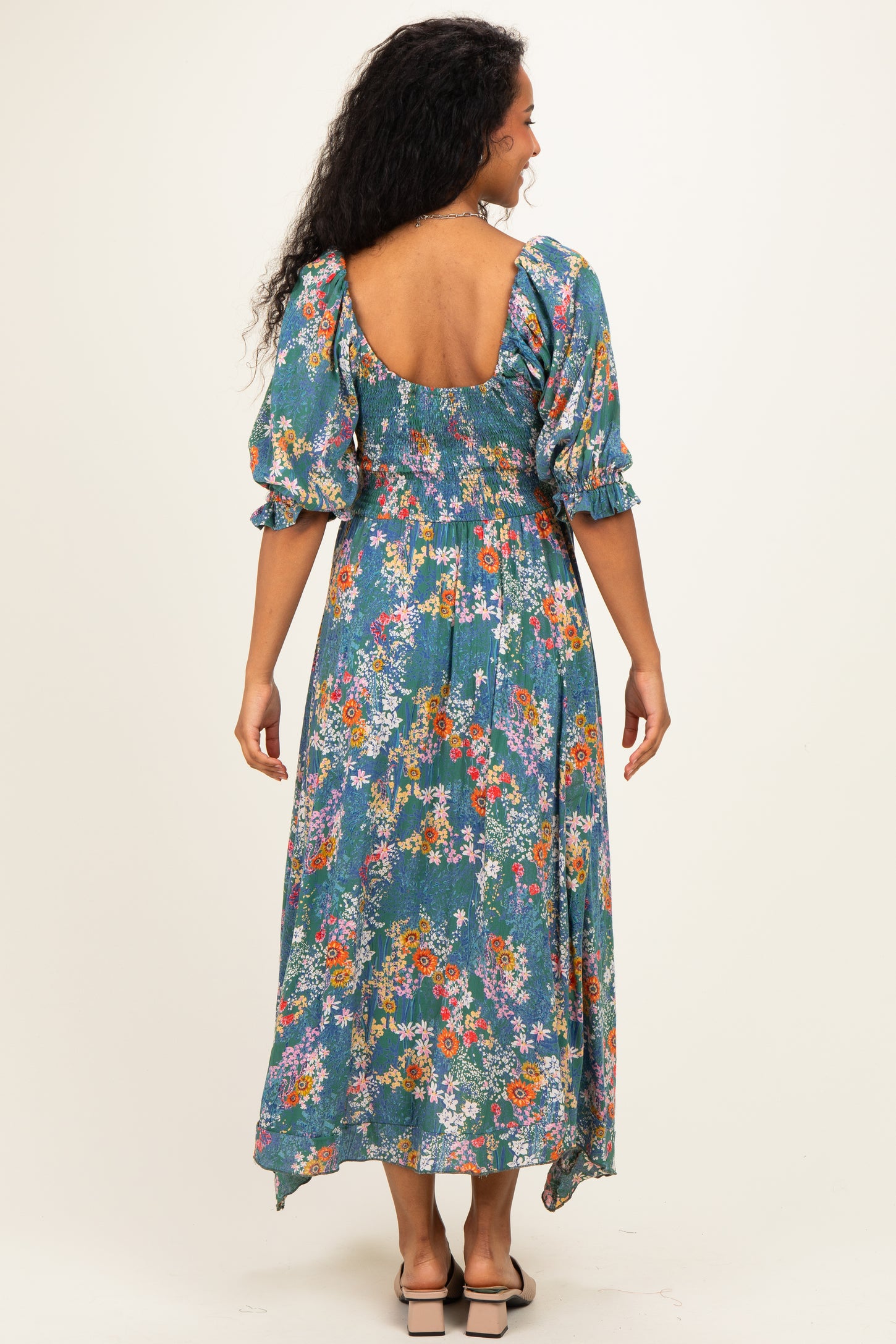 Sage Floral Smocked Handkerchief Hem Maternity Midi Dress