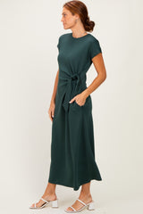 Forest Green Side Tie Short Sleeve Midi Dress