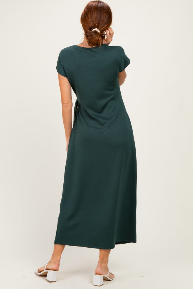 Forest Green Side Tie Short Sleeve Midi Dress