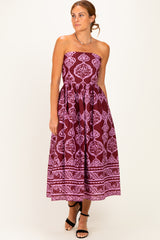 Burgundy Damask Strapless Midi Dress