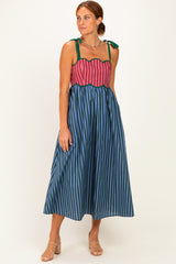 Blue Striped Colorblock Scallop Detail Maternity Midi Dress