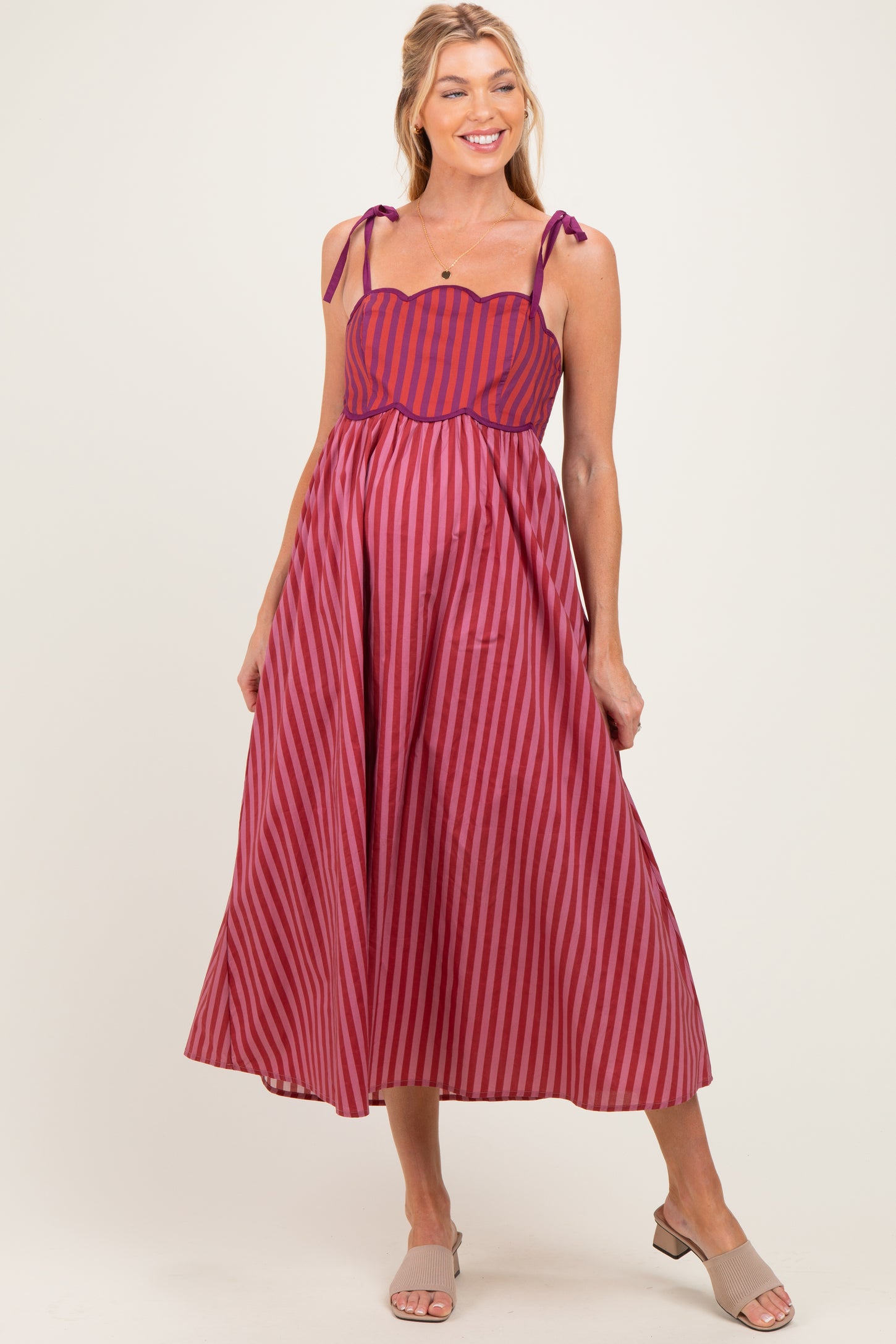 Mauve Striped Colorblock Scallop Detail Maternity Midi Dress
