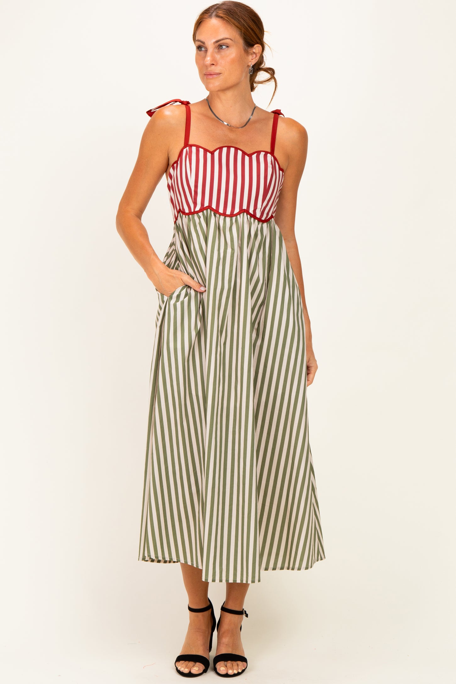 Olive Striped Colorblock Scallop Detail Midi Dress