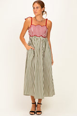 Olive Striped Colorblock Scallop Detail Midi Dress